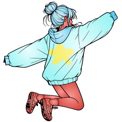 realistic girl jumping with a bun and oversized sweatshirt