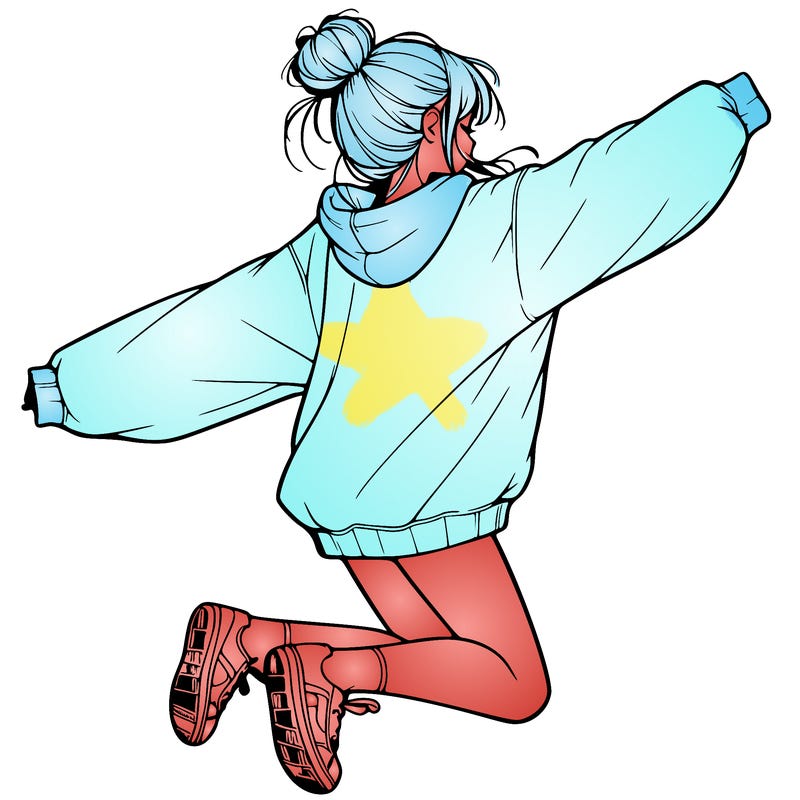 realistic girl jumping with a bun and oversized sweatshirt