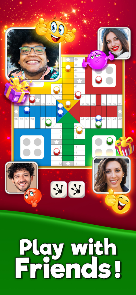 Parchis CLUB - Pro Ludo - Una pantalla del juego de mesa Parchis que muestra fotos de perfil de jugadores y el texto Jugar con amigos