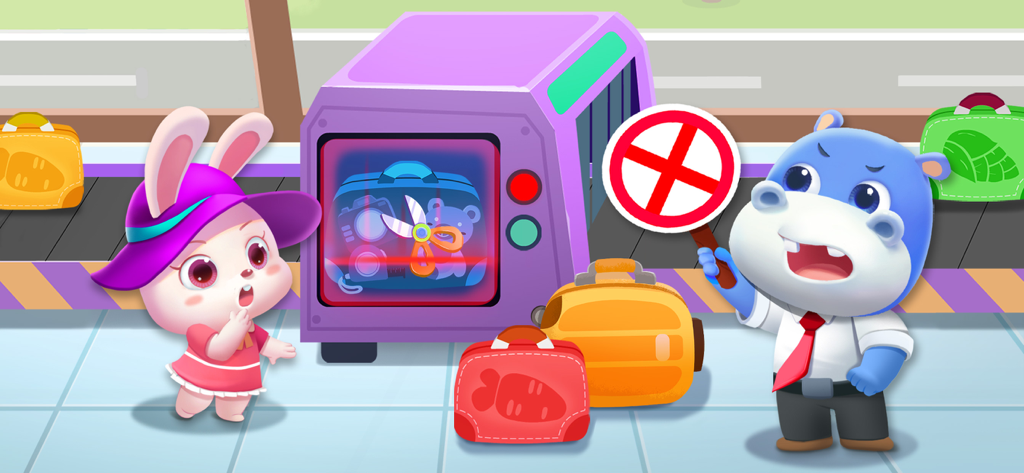 A bunny character at an airport security checkpoint where a hippo officer identifies prohibited items on an x-ray scanner.