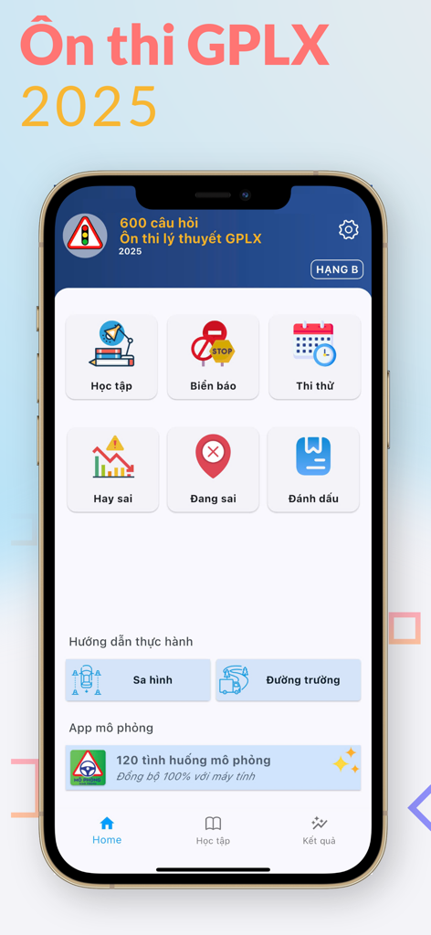 Ôn thi GPLX 2025 - Home screen of the Vietnamese driver's license exam preparation app showing study, signs, and practice test options.