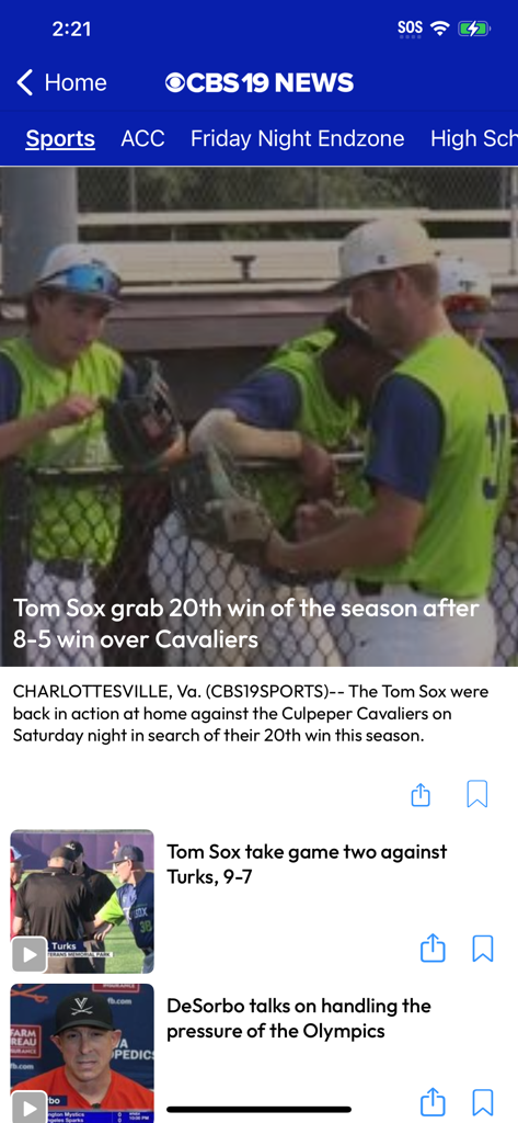 Sports news section of the CBS19 News Now app showing local baseball headlines for Charlottesville