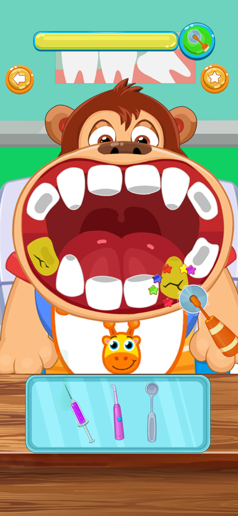 Animal Doctor - Um animal de desenho animado recebendo tratamento dentário com uma broca e várias ferramentas de dentista no jogo Animal Doctor.