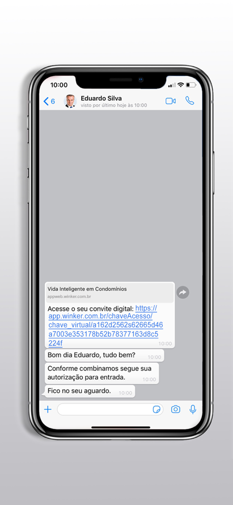 A mobile chat interface in the Winker app showing a digital invitation link for visitor entry authorization