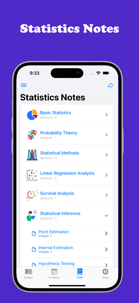 Aplicación Guía de Programación R mostrando un menú de notas de estadística que incluyen teoría de probabilidad y análisis de regresión lineal.