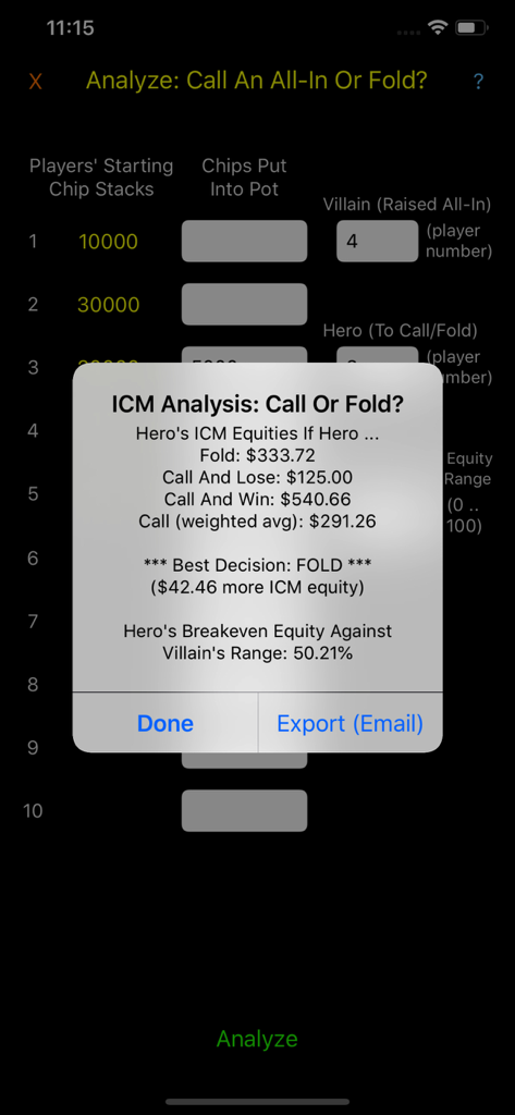 Tournament Cruncher (ICM) - Tournament Cruncher app ICM analysis screen showing a call or fold decision recommendation for a poker tournament