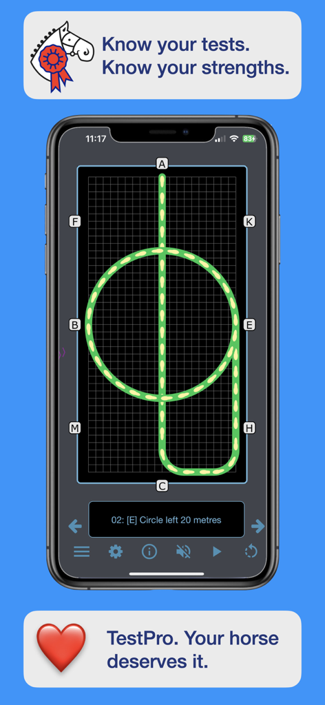 BD British Dressage TestPro - Screenshot of the BD British Dressage TestPro app displaying a 20-meter circle movement on a digital dressage arena layout.
