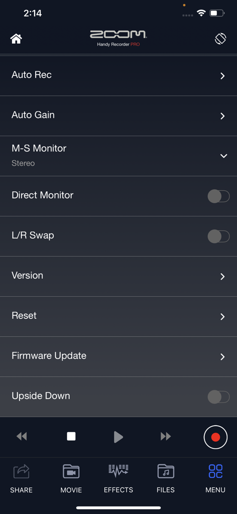 Handy Recorder PRO - The settings menu of the Handy Recorder PRO app displaying audio recording and monitoring options