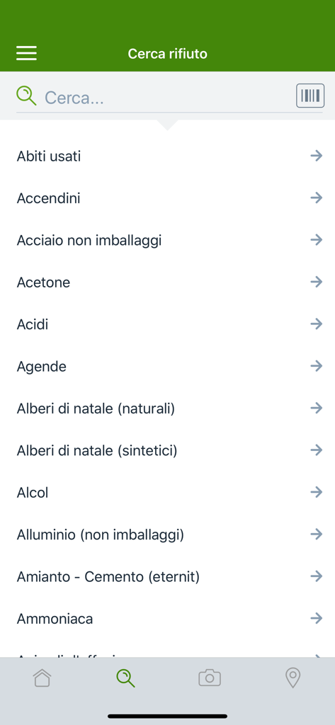 Interfaccia dell'app il Rifiutologo che mostra un elenco ricercabile di materiali di scarto per la raccolta differenziata