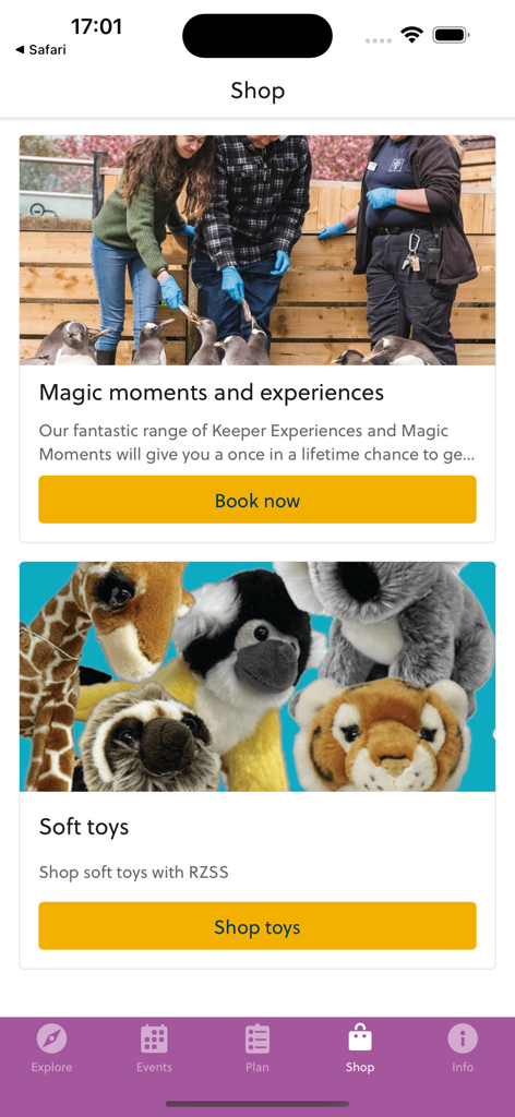Edinburgh Zoo - Edinburgh Zoo App Shop-Seite mit Buchungsoptionen für Erlebnisse mit Tierpflegern und zum Verkauf stehenden Stofftierchen