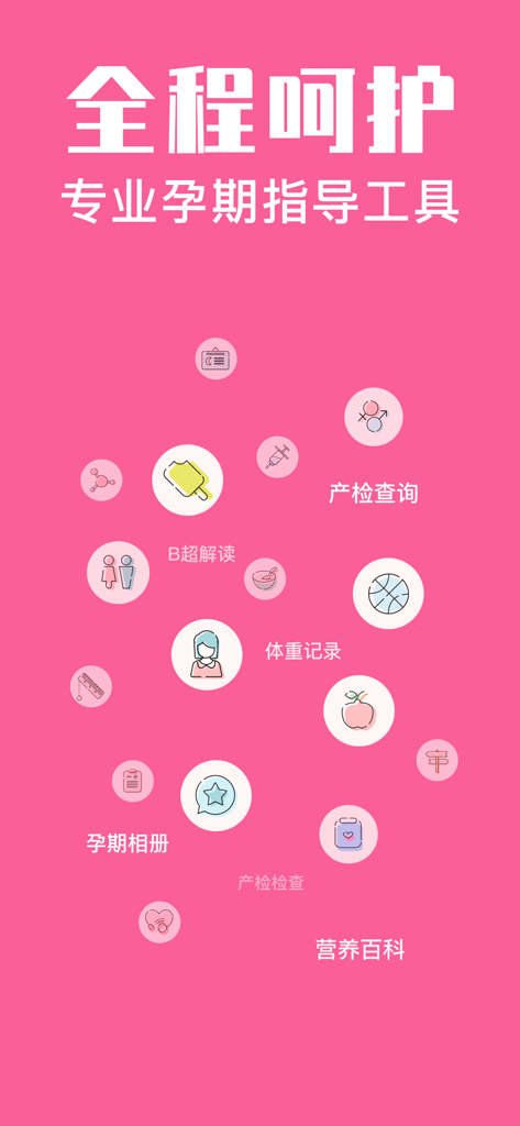 怀孕管家-备孕期提醒和妈妈育儿助手 - A pink promotional screen for the Pregnancy Housekeeper app showcasing tools like check-up queries, weight records, and a nutrition encyclopedia.