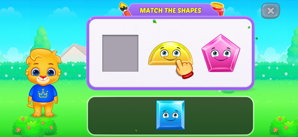 Colors & Shapes - Learn Color - Una pantalla de juego preescolar para emparejar formas con figuras geométricas coloridas y un personaje de dibujos animados.