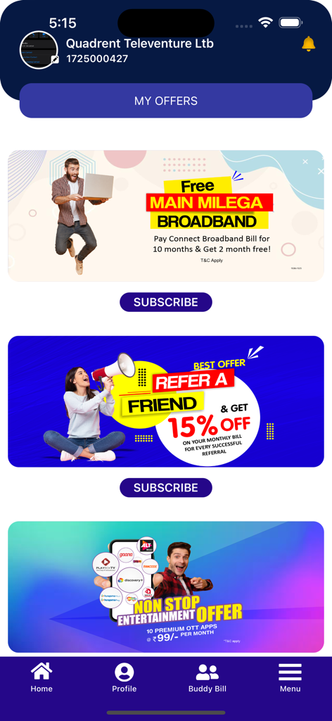 Connect Broadband - Connect Broadband app screen showing promotional offers and discounts.