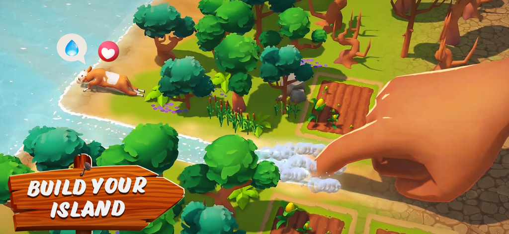 Sunshine Island: Farming Game - Eine Hand verwaltet eine tropische Farm mit Feldfrüchten und einer Kuh im Sunshine Island Farming Game