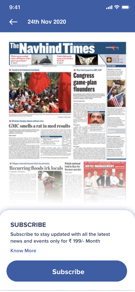 Digital replica of The Navhind Times newspaper with a subscription prompt