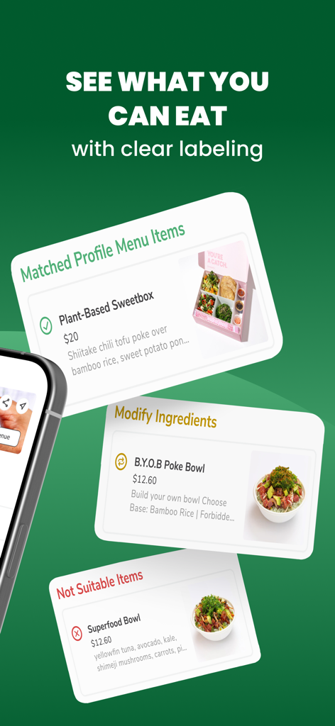 Foodini US - Foodini app displaying dietitian verified menu items with clear dietary safety labels.