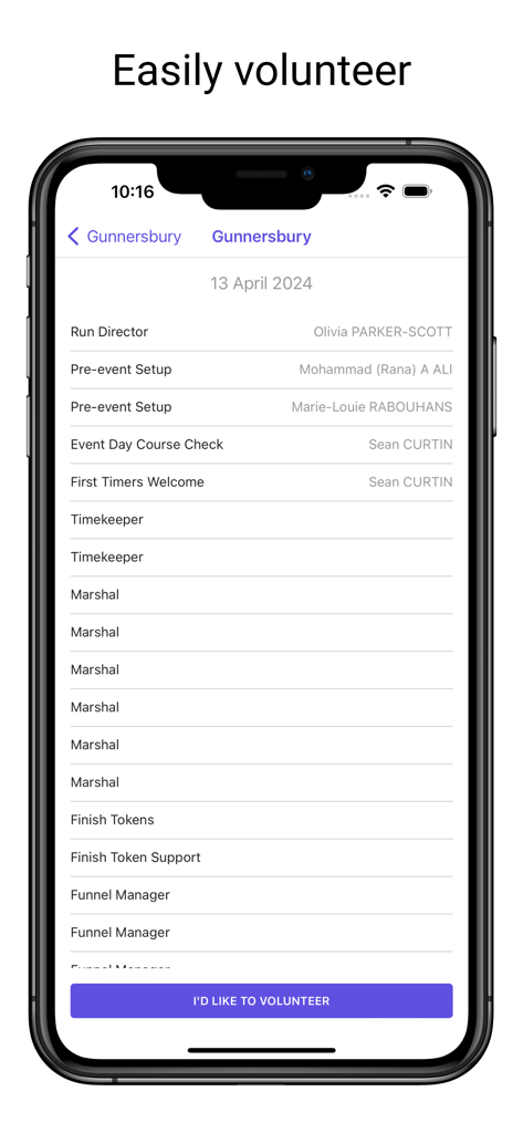 5K parkrunner results - A smartphone screen displaying a list of volunteer roles for a parkrun event with an option to sign up