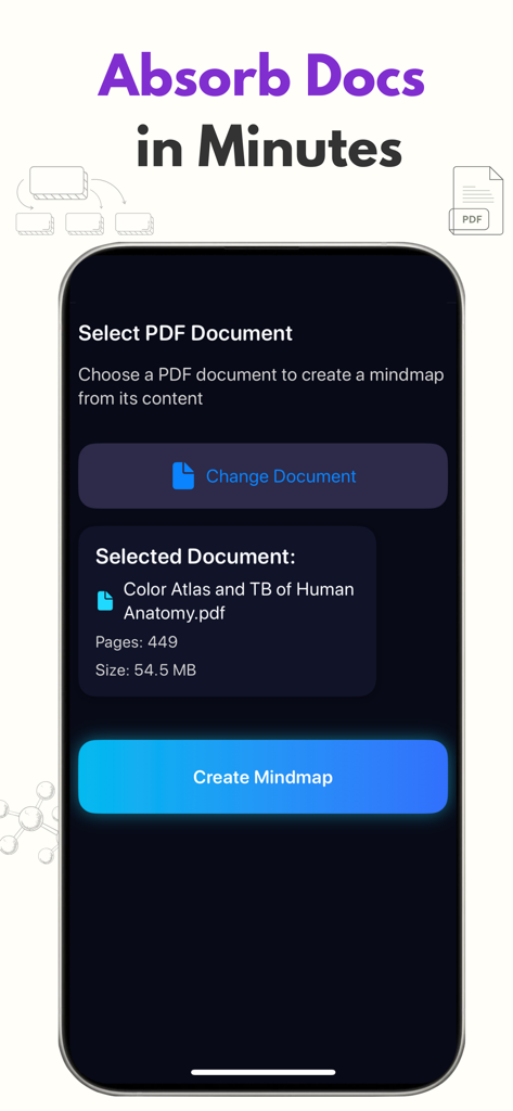 Interface of the Foxy app showing the PDF to mindmap conversion feature with a selected anatomy document