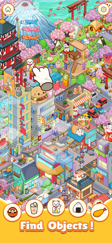 Find My Cat Out: Hidden Object - Captura de tela da jogabilidade de Encontre Meu Gato Fora mostrando uma busca por objetos escondidos em uma cena colorida de cidade japonesa com gatos e flores de cerejeira
