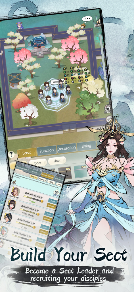 Infinite Cultivation - Gameplay screenshot of Infinite Cultivation showing the sect building interface and disciple management menu