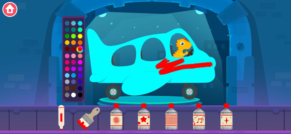 Dinosaur Bus: Kids Car Games - A dinosaur sitting in a blue bus during a creative painting and decoration activity for kids