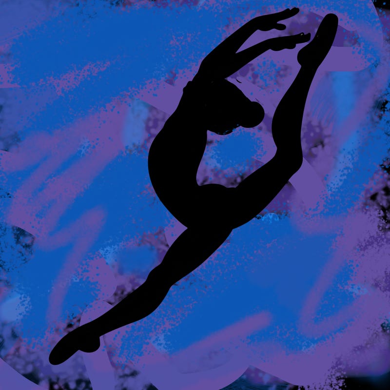 gymnast doing a leap in a leotard with a bent back leg