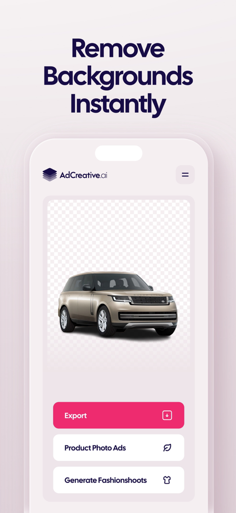 AdCreative.ai app interface demonstrating instant background removal for a car product photo to create a professional ad.