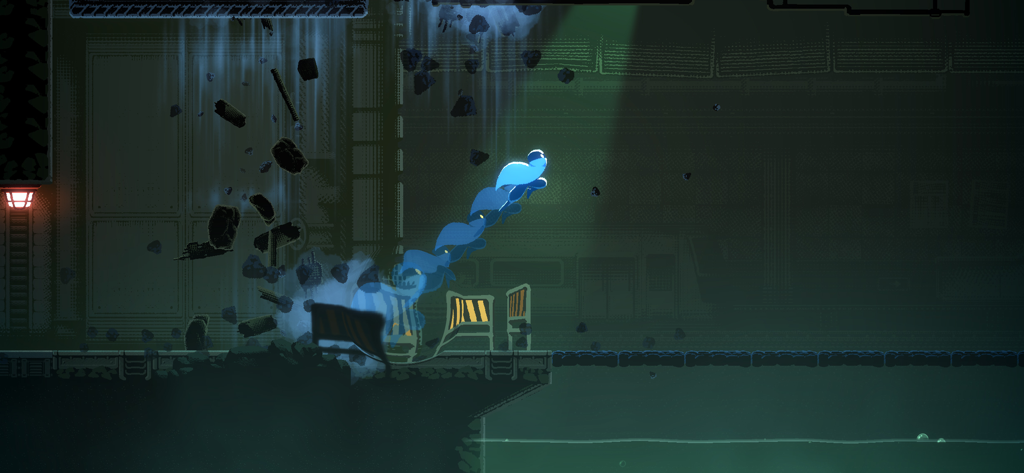 Personaje en HAAK realizando un rápido "dash" con una estela de movimiento azul en un entorno industrial oscuro