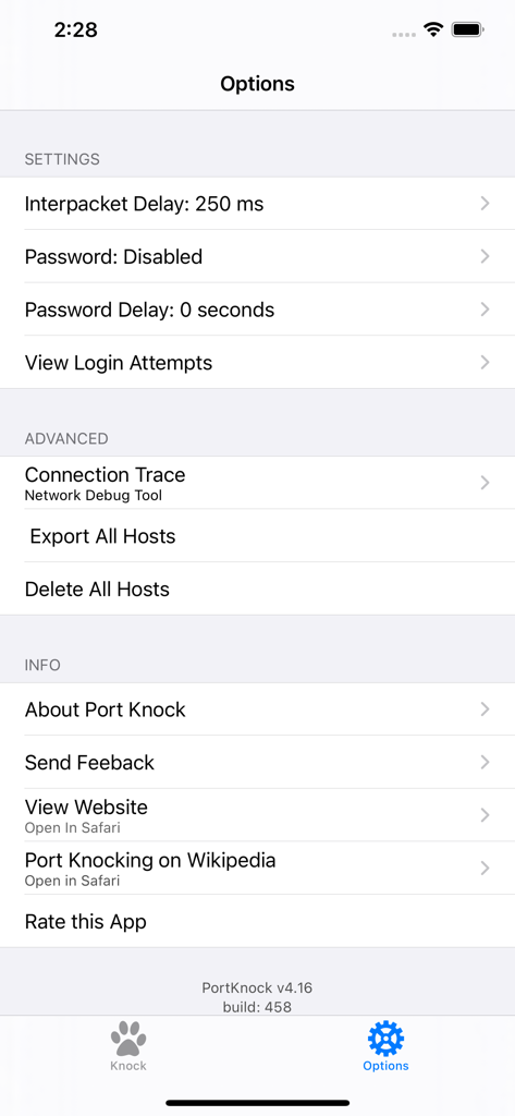 PortKnock - The settings and options screen of the PortKnock app showing configuration for network packets and security