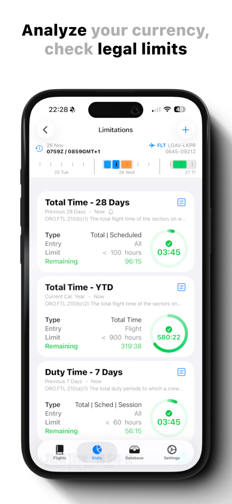 Dashboard showing pilot flight time limitations and currency tracking with visual progress rings.