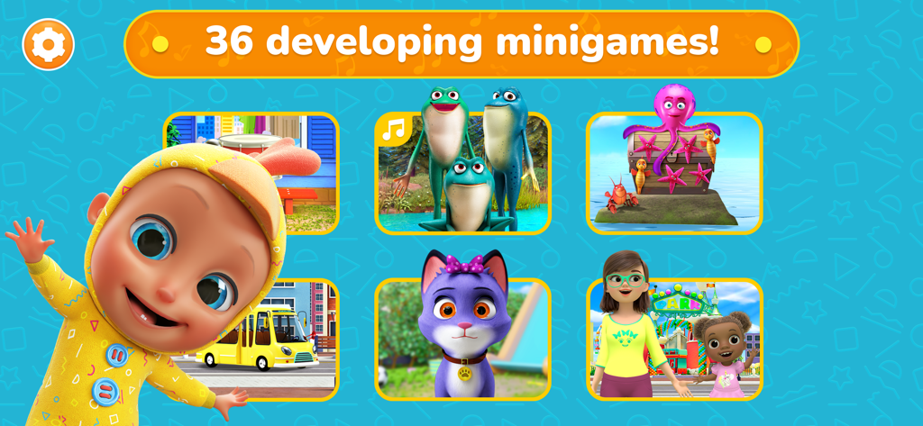 LooLoo Kids World For Toddlers - Captura de pantalla de la aplicación LooLoo Kids World mostrando a Johny y una selección de treinta y seis minijuegos educativos para niños pequeños