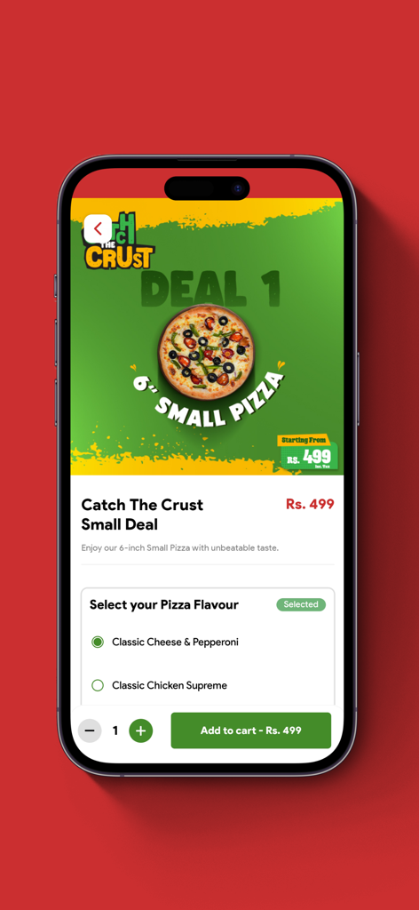 App mobile California Pizza PK che mostra una piccola offerta di pizza con selezione del gusto