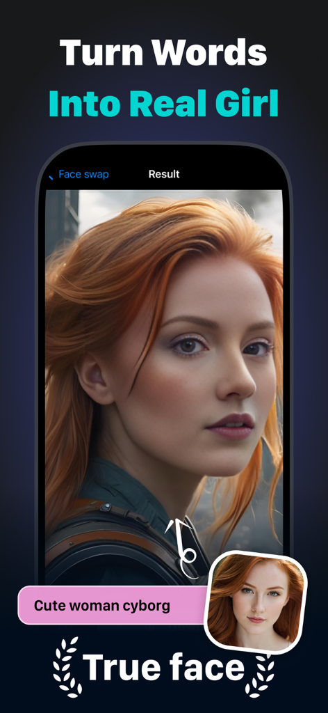 AIフォトジェネレーターアプリのインターフェース：高品質のAI生成された赤毛のサイボーグ女性のポートレートを表示