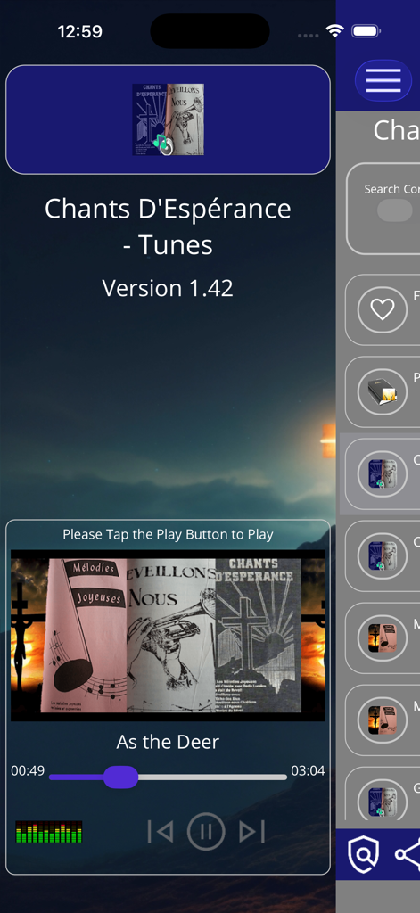 Chants D'Esperance - Tunes - Music player interface of the Chants Desperance Tunes app playing the hymn As the Deer