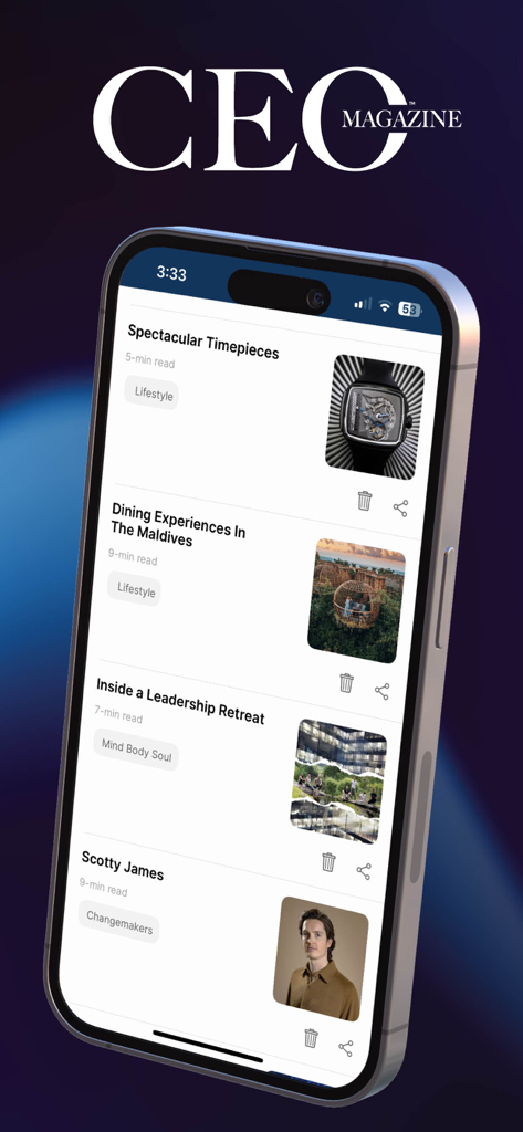 The CEO Magazineモバイルアプリが、厳選されたラグジュアリーライフスタイルとリーダーシップ記事のフィードを表示。