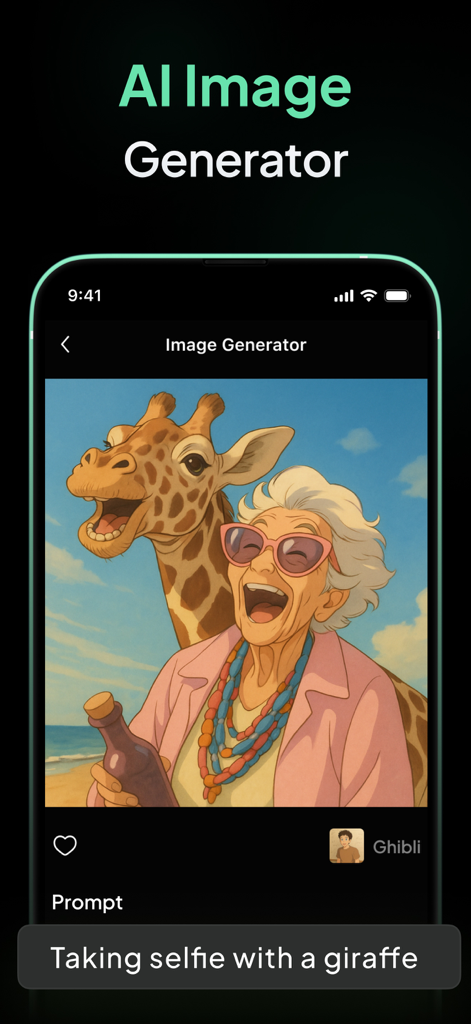 AI Chatbot - Ask Me Anything - Oberfläche des KI-Bildgenerators, die eine Illustration im Anime-Stil einer älteren Frau zeigt, die ein Selfie mit einer Giraffe macht.