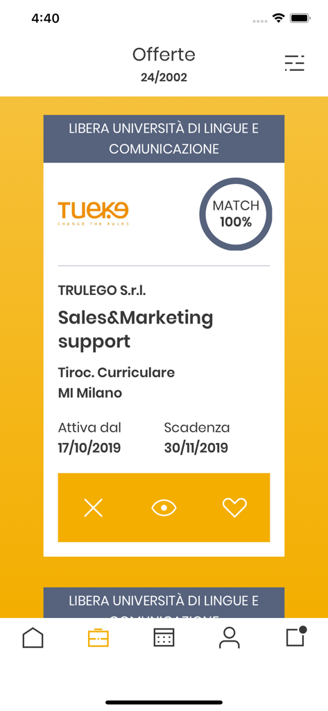 AlmaGo - AlmaGo app screenshot displaying a job offer for Sales and Marketing support with a 100 percent match score and swipe icons