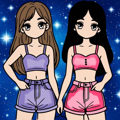 two sisters with crop tops and jean shorts and straight hair