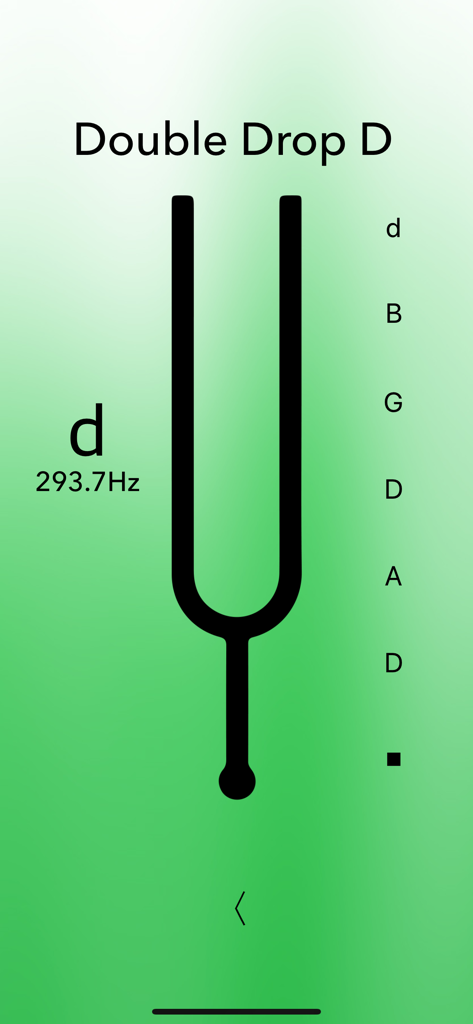 Acoustic Guitar Tuner Pro - Interfaz del afinador de guitarra acústica que muestra la afinación Double Drop D y frecuencia en Hz.