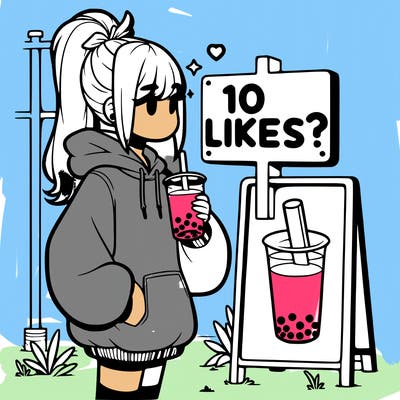girl with oversized hoodie drinking boba and she has a high ponytail with a sign that says 10likes?