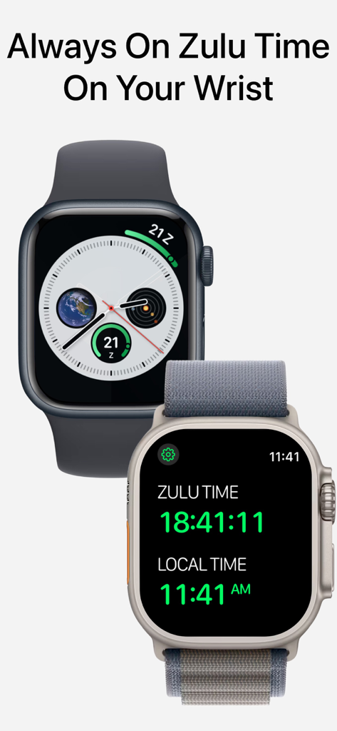 Zulu Time Now app showing UTC and local time on Apple Watch faces