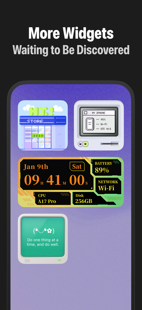 A variety of aesthetic iPhone widgets including retro computer style and system data displays.