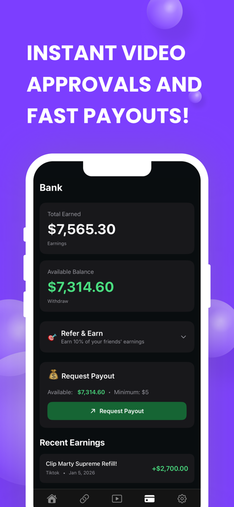 Clippable - Earn Money Posting - Clippable app interface showing total earnings and available balance for creator payouts
