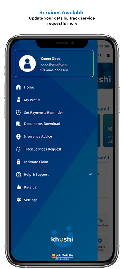 khUshi - Mobile app interface showing the khUshi navigation menu with insurance service options like document download and service request tracking.
