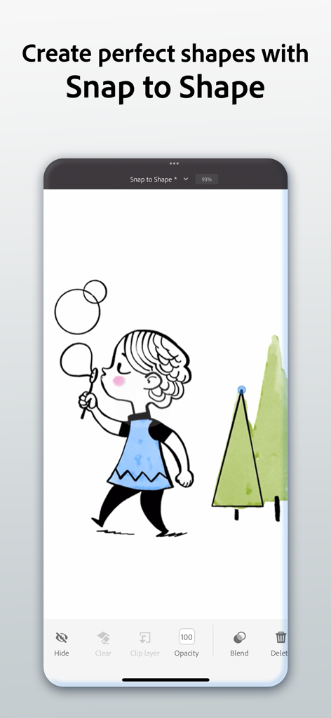 Adobe Fresco: Draw & Paint App - Adobe Fresco interface demonstrating the Snap to Shape tool used on a digital illustration of a girl and trees