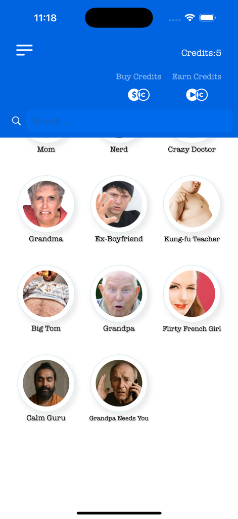 Who's Calling Prank Phone Call - Menú de selección de personajes en la app Whos Calling que muestra iconos humorísticos para llamadas falsas de broma