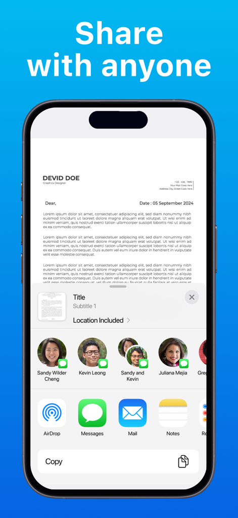 E-signature PDF: sign document - AirDropとメッセージのオプション付きの署名済みPDF書類の共有メニューを表示するスマートフォンインターフェース。
