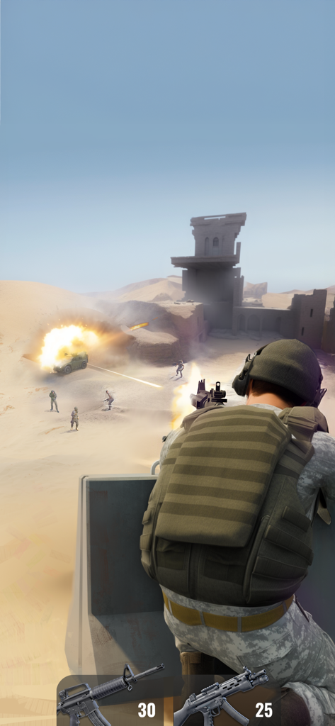 Shoot Out: Shooting Simulator - Un soldado participando en combate táctico dentro de un entorno desértico con un vehículo militar explotando.