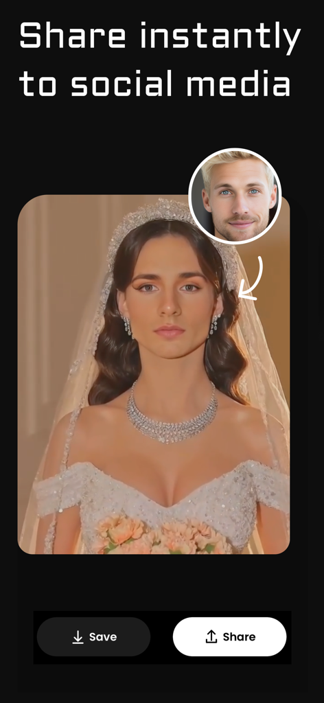 Screenshot of SwapMe app showing a man's face swapped onto a bride with social media sharing options