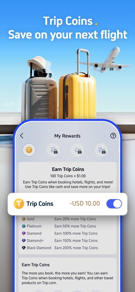 Trip.com mobile app interface displaying Trip Coins loyalty rewards and membership tier benefits
